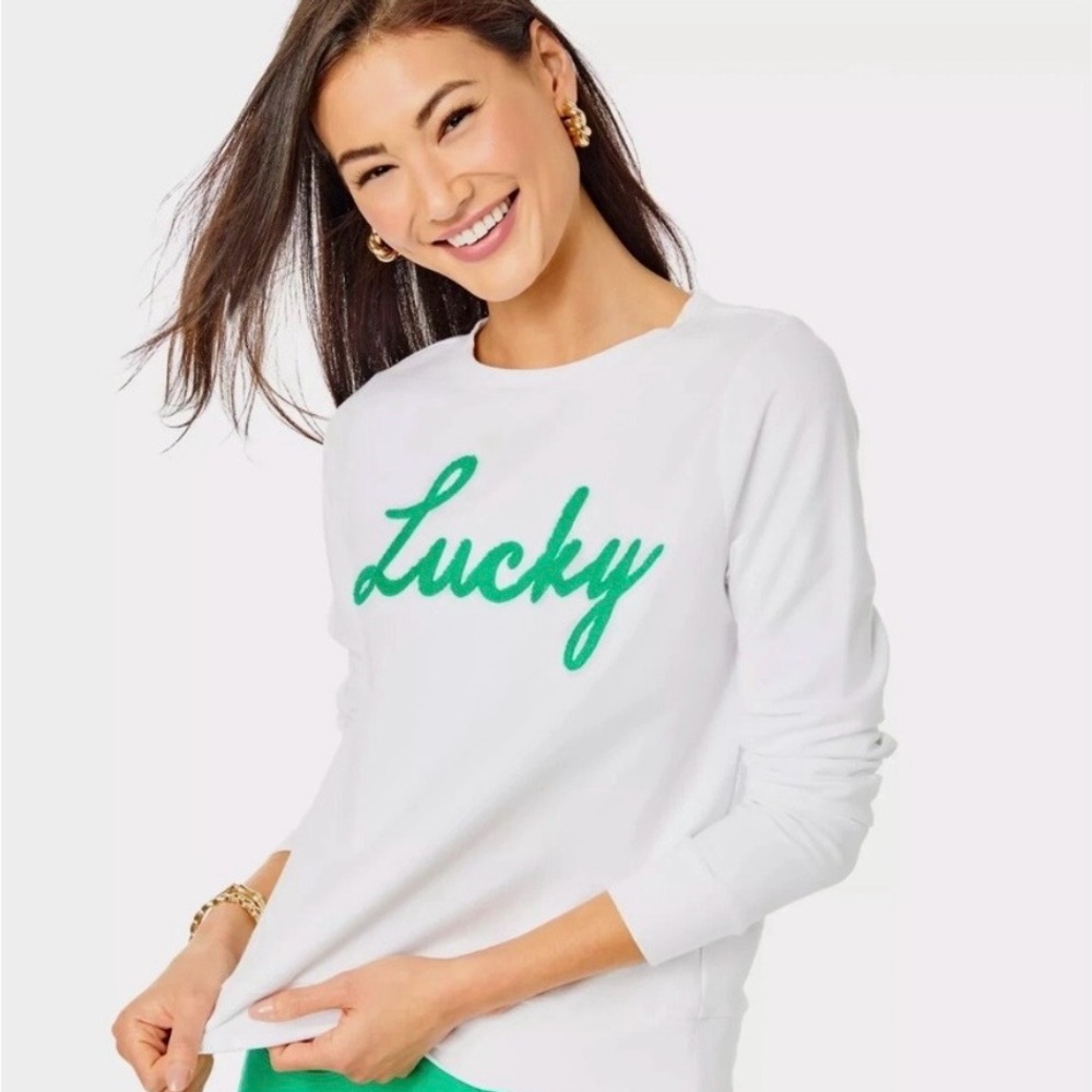 Lilly Pulitzer Lucky Sweatshirt Large White Green Graphic Pullover Crew Neck Top